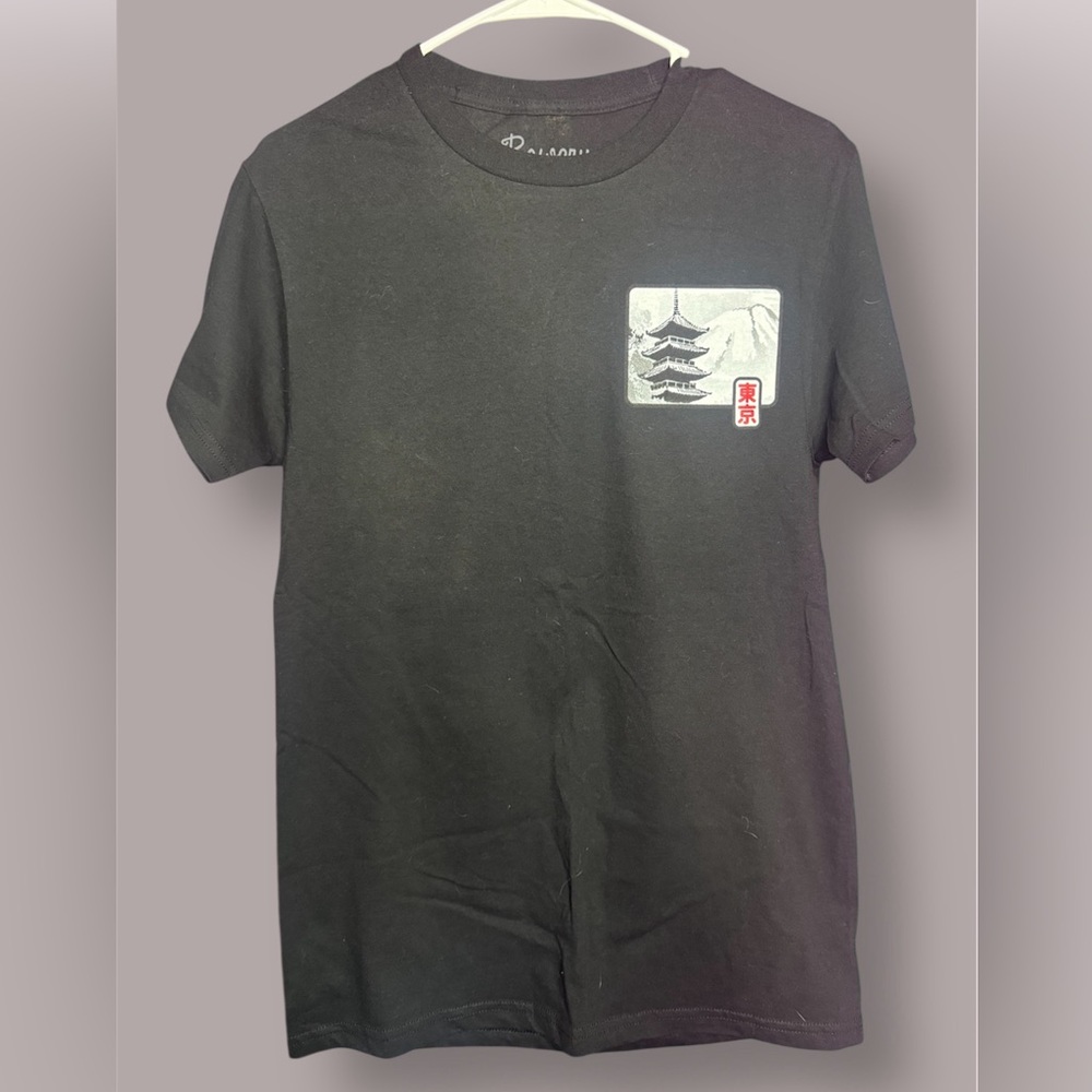 Black Graphic Tee with Pagoda Design